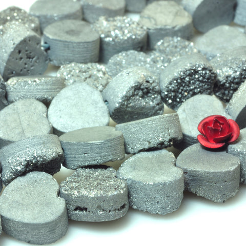 YesBeads Druzy Quartz titanium silver rough flat back heart beads gemstone jewelry 7"