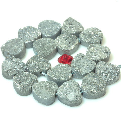 YesBeads Druzy Quartz titanium silver rough flat back heart beads gemstone jewelry 7"