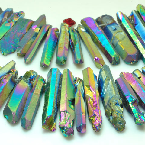 Quartz crystal points titanium coated mystic rainbow rough gemstone matte spike tower beads 15"