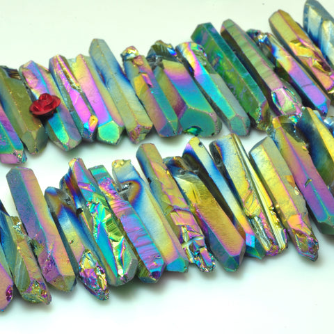 Quartz crystal points titanium coated mystic rainbow rough gemstone matte spike tower beads 15"