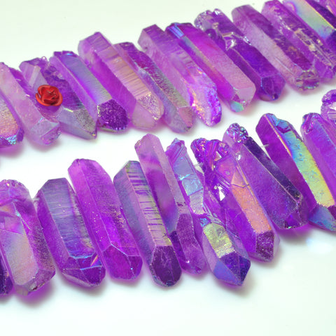 Quartz crystal points titanium coated purple mystic AB rough matte spike tower stick beads 15"