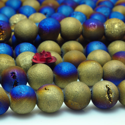 YesBeads Druzy Agate titanium coated blue yellow agate matteloose round beads wholesale gems 15''