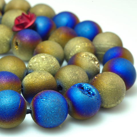 YesBeads Druzy Agate titanium coated blue yellow agate matteloose round beads wholesale gems 15''