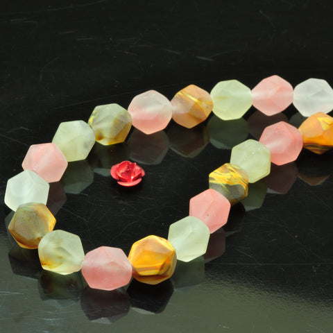YesBeads Natural Cherry Quartz star cut faceted matte nugget beads gemstone 15"