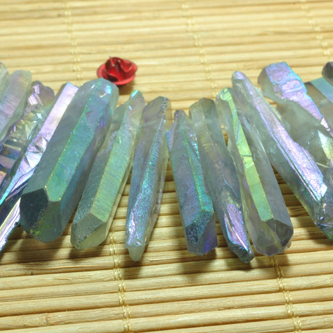 YesBeads Quartz crystal points titanium coated rough gemstone matte spike tower stick beads wholesale jewelry making 15"