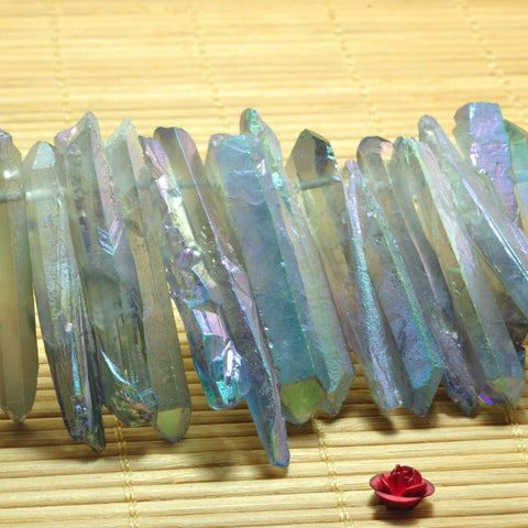 YesBeads Quartz crystal points titanium coated rough gemstone matte spike tower stick beads wholesale jewelry making 15"