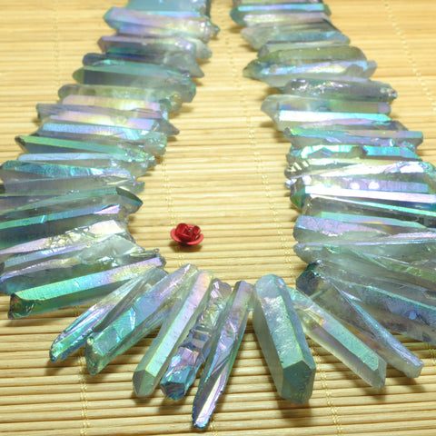 YesBeads Quartz crystal points titanium coated rough gemstone matte spike tower stick beads wholesale jewelry making 15"