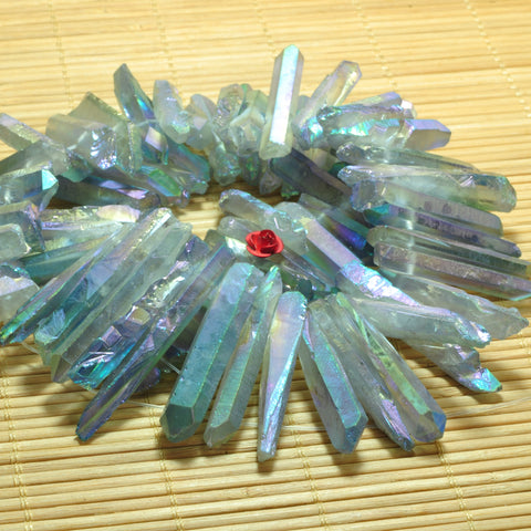 YesBeads Quartz crystal points titanium coated rough gemstone matte spike tower stick beads wholesale jewelry making 15"