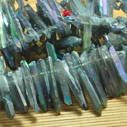 YesBeads Quartz crystal points titanium coated rough gemstone matte spike tower stick beads wholesale jewelry making 15"