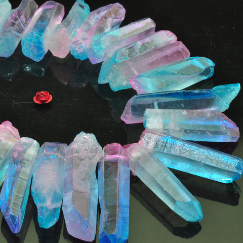 YesBeads Quartz crystal points titanium coated rough matte spike tower stick beads gemstone wholesale jewelry 15"