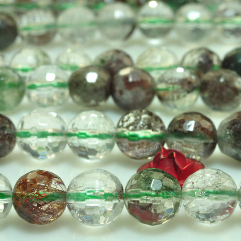 YesBeads natural green Phantom Quartz Crystal faceted round loose beads wholesale gemstone jewelry making 15"