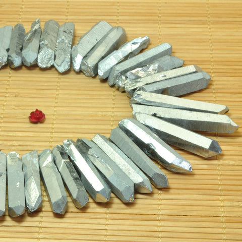 YesBeads Quartz crystal points titanium coated silver rough matte spike tower beads gemstone wholesale jewelry 15"
