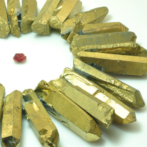 YesBeads Quartz crystal points titanium coated gold rough matte spike tower beads gemstone wholesale jewelry 15"