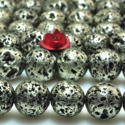 YesBeads Antique silver plated Lava stone matte round loose beads 8mm 15"