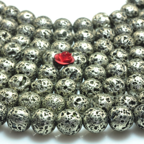 YesBeads Antique silver plated Lava stone matte round loose beads 8mm 15"