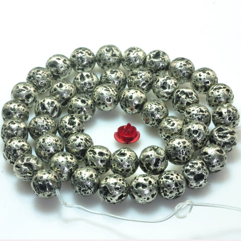YesBeads Antique silver plated Lava stone matte round loose beads 8mm 15"