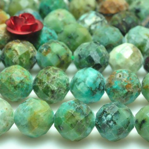 YesBeads Natural African turquoise faceted round loose beads green stone wholesale jewelry making 7mm 15"