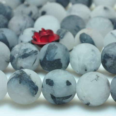 YesBeads natural Black Rutilated Quartz matte round beads wholesale gemstone jewelry making 15'' full strand