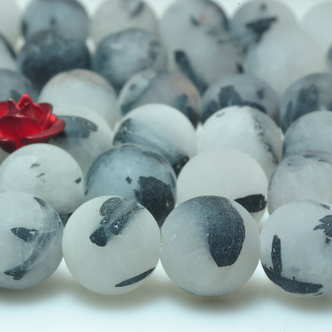 YesBeads natural Black Rutilated Quartz matte round beads wholesale gemstone jewelry making 15'' full strand