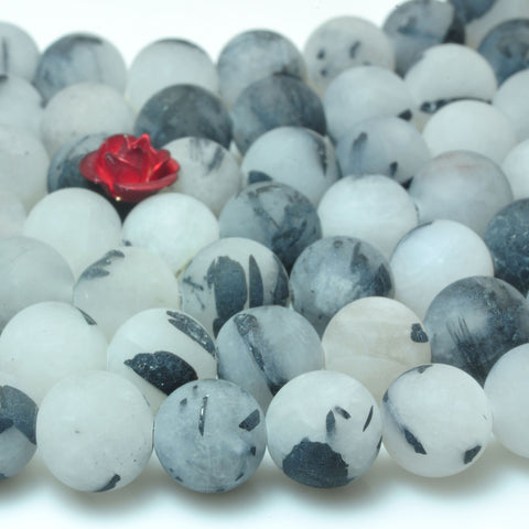 YesBeads natural Black Rutilated Quartz matte round beads wholesale gemstone jewelry making 15'' full strand