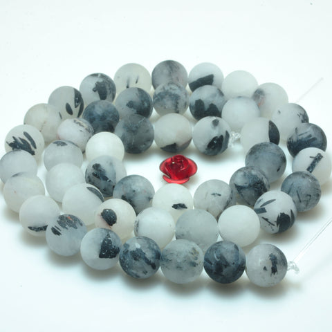 YesBeads natural Black Rutilated Quartz matte round beads wholesale gemstone jewelry making 15'' full strand