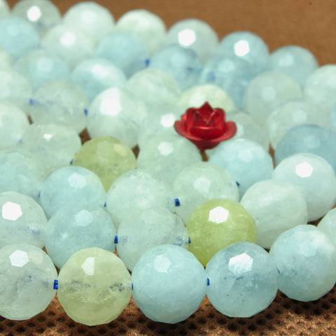 YesBeads Natural Aquamarine faceted round beads blue gemstone wholesale jewelry 15"