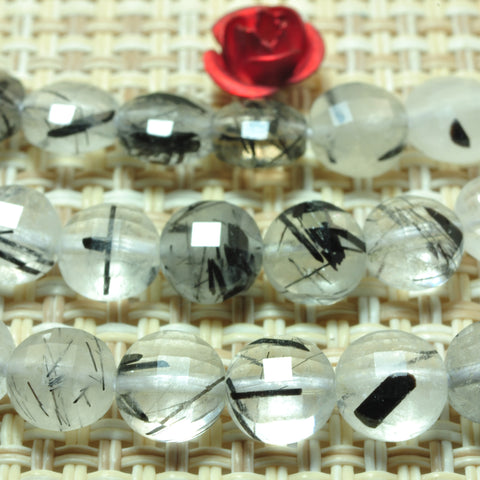 YesBeads natural Black Rutilated Quartz micro faceted coin loose beads wholesale gemstone jewelry making 15"