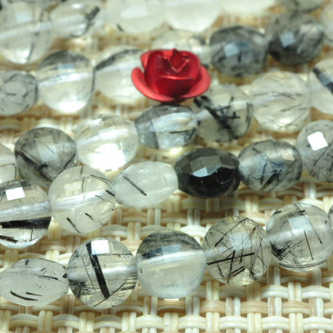 YesBeads natural Black Rutilated Quartz micro faceted coin loose beads wholesale gemstone jewelry making 15"