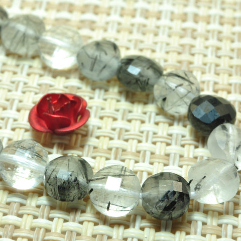 YesBeads natural Black Rutilated Quartz micro faceted coin loose beads wholesale gemstone jewelry making 15"