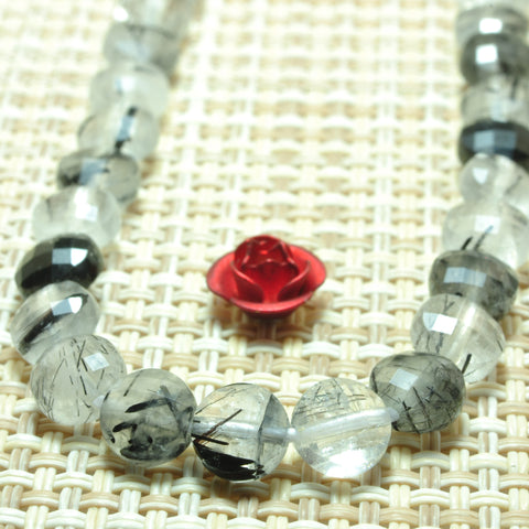 YesBeads natural Black Rutilated Quartz micro faceted coin loose beads wholesale gemstone jewelry making 15"
