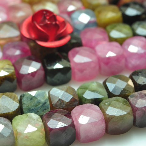 Natural watermelon tourmaline micro faceted cube loose beads multicolour gemstone wholesale jewelry making 4mm 15"