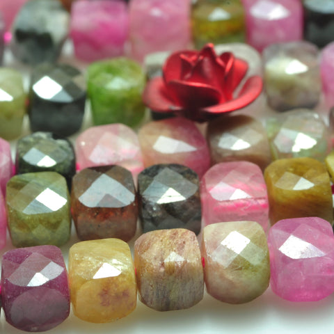 Natural watermelon tourmaline micro faceted cube loose beads multicolour gemstone wholesale jewelry making 4mm 15"