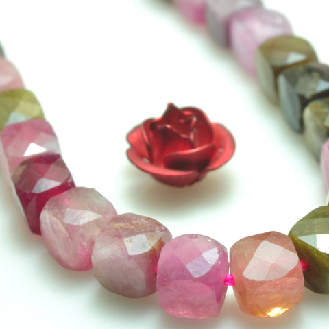 Natural watermelon tourmaline micro faceted cube loose beads multicolour gemstone wholesale jewelry making 4mm 15"
