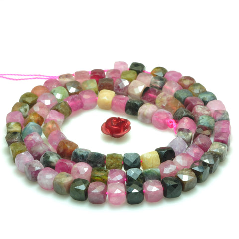 Natural watermelon tourmaline micro faceted cube loose beads multicolour gemstone wholesale jewelry making 4mm 15"