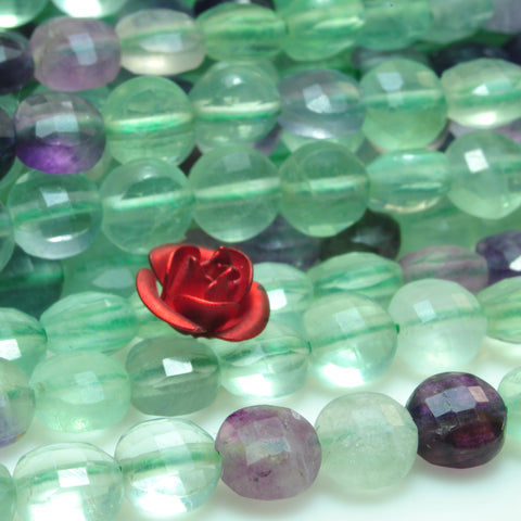 YesBeads natural Fluorite gemstone micro faceted coin loose beads wholesale jewelry 6mm 15"