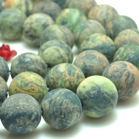 YesBeads Natural Dendritic Green Jade matte round beads gemstone wholesale 15"