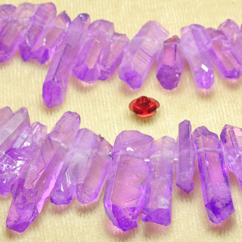 Quartz crystal points titanium coated purple rough gemstone matte spike stick beads 15"