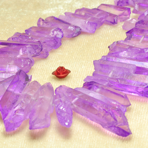 Quartz crystal points titanium coated purple rough gemstone matte spike stick beads 15"