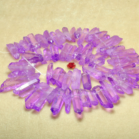 Quartz crystal points titanium coated purple rough gemstone matte spike stick beads 15"