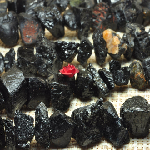 YesBeads natural raw Black Tourmaline rough nugget chunks chip beads wholesale gemstone 15"