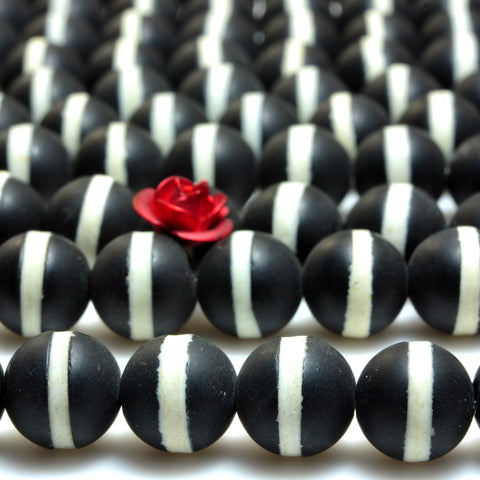 YesBeads Black Onyx white line matte round beads gemstone wholesale jewelry 15"