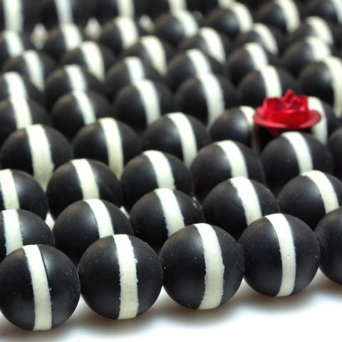 YesBeads Black Onyx white line matte round beads gemstone wholesale jewelry 15"