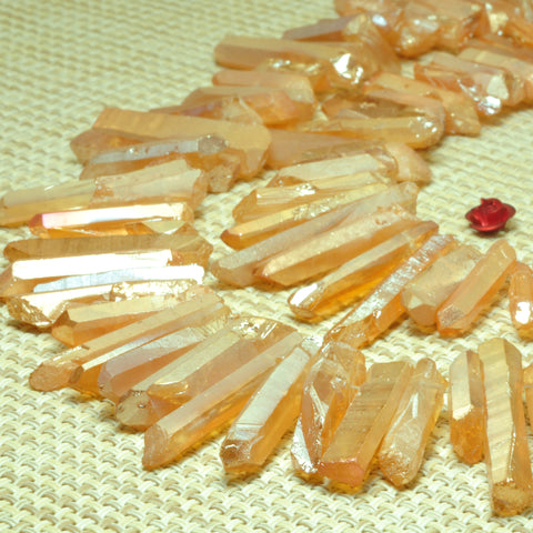 YesBeads Quartz crystal points titanium coated orange mystic rough matte spike stick beads 15"