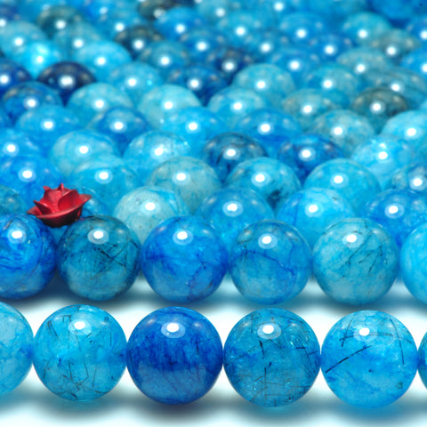 YesBeads Blue Rutilated Quartz smooth round beads gemstone 8-12mm 15"