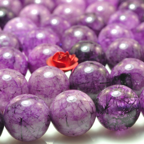 YesBeads Purple Rutilated Quartz smooth round beads gemstone 8-12mm 15"