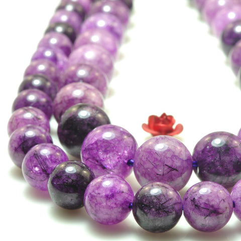 YesBeads Purple Rutilated Quartz smooth round beads gemstone 8-12mm 15"