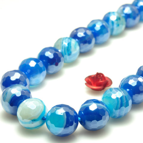 YesBeads Titanium blue banded agate faceted round loose beads gemstone wholesale jewelry making 15"