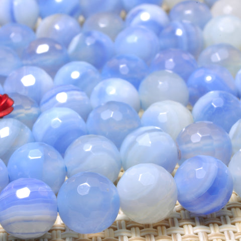 YesBeads Natural Blue Banded Agate faceted round beads gemstone whoelsale 15"