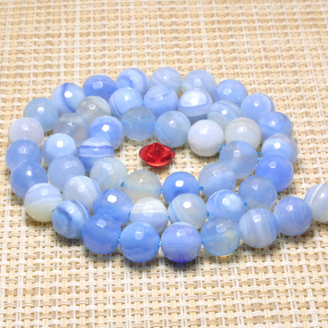 YesBeads Natural Blue Banded Agate faceted round beads gemstone whoelsale 15"
