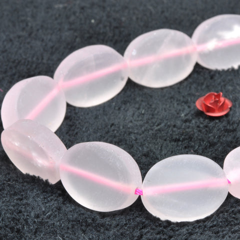YesBeads Natural Rose Quartz matte flat oval beads pink gemstone wholesale jewelry making 15"